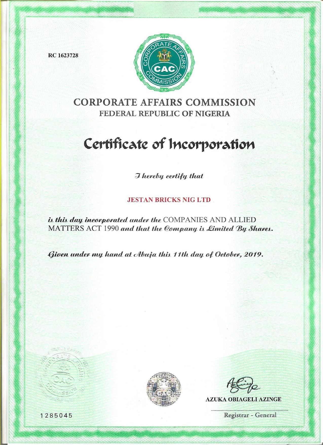 Official Certificate of Incorporation – Registered in Nigeria